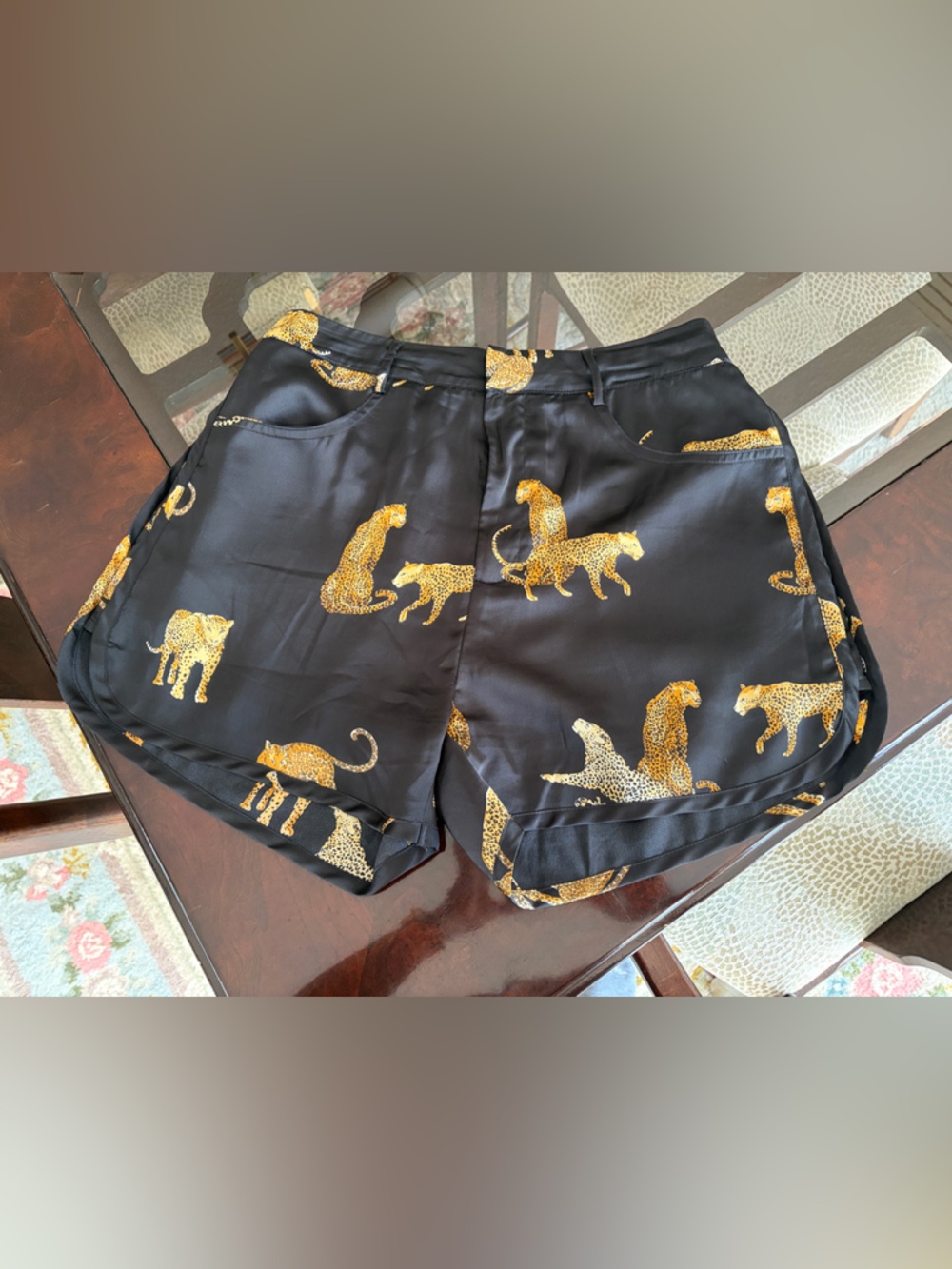 Black Satin Shorts with Gold Leopard Print